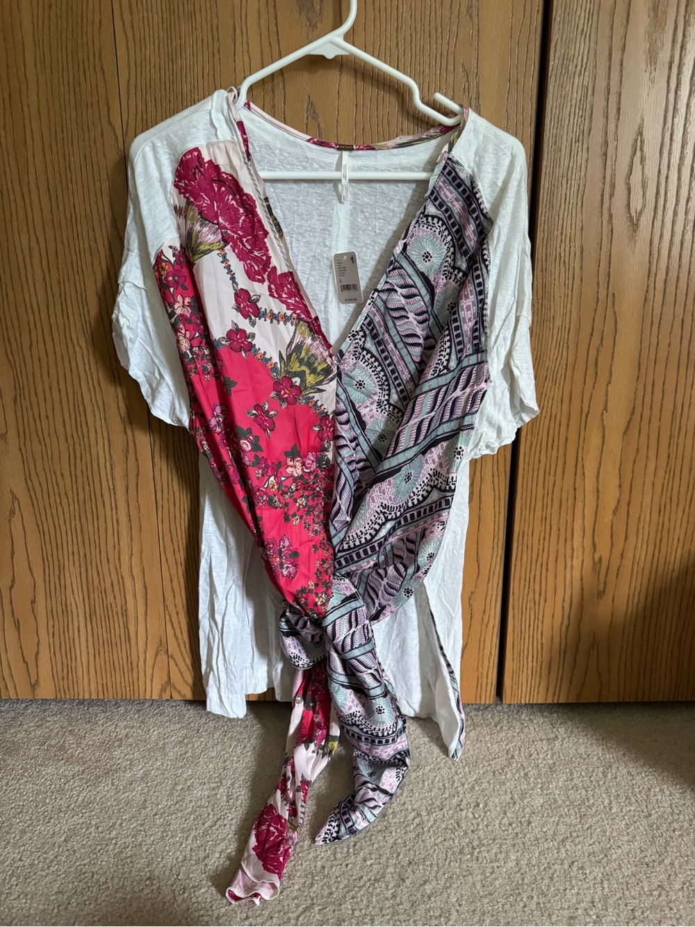 NWT New Free People White Short Sleeve scarf Tee with tie Front sz XL